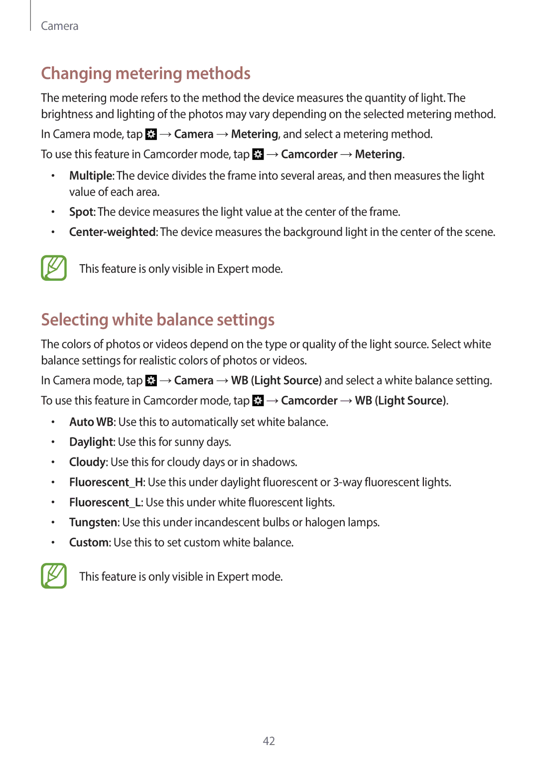 Samsung EK-GC120BKAVZW, EK-GC120ZWAVZW user manual Changing metering methods, Selecting white balance settings 