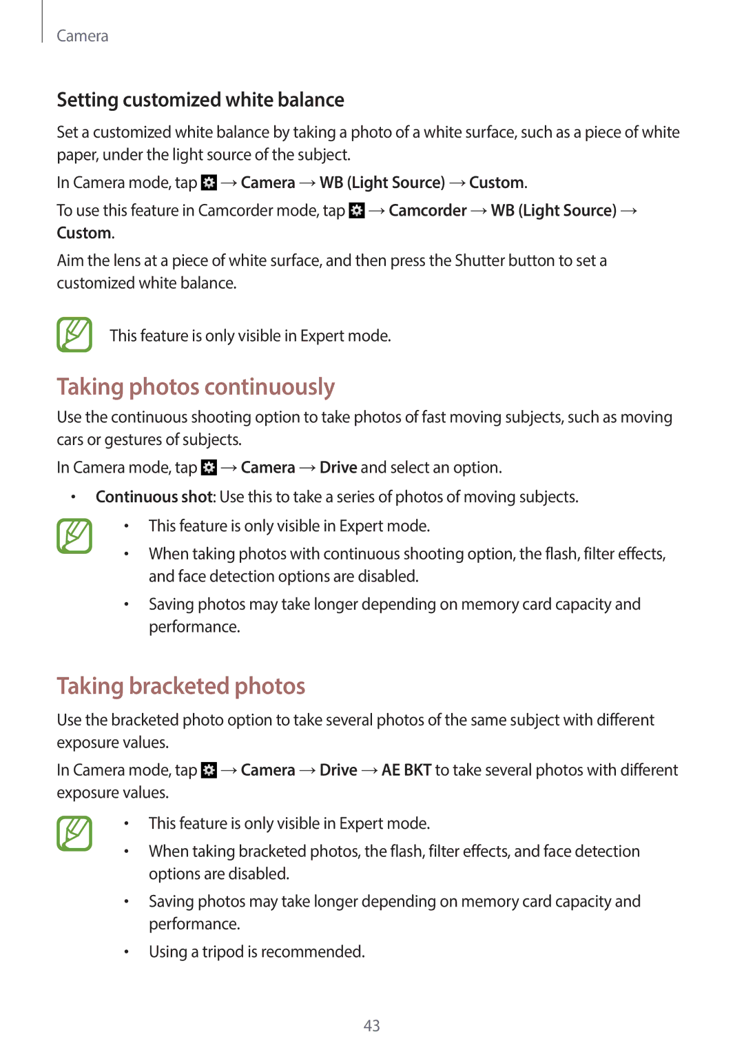 Samsung EK-GC120ZWAVZW user manual Taking photos continuously, Taking bracketed photos, Setting customized white balance 