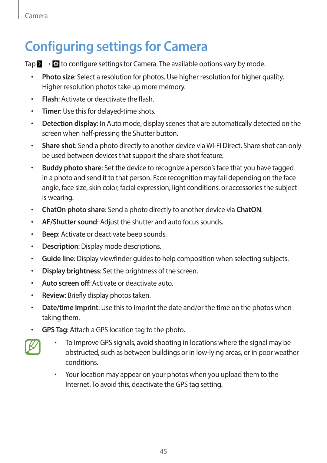 Samsung EK-GC120ZWAVZW, EK-GC120BKAVZW user manual Configuring settings for Camera 