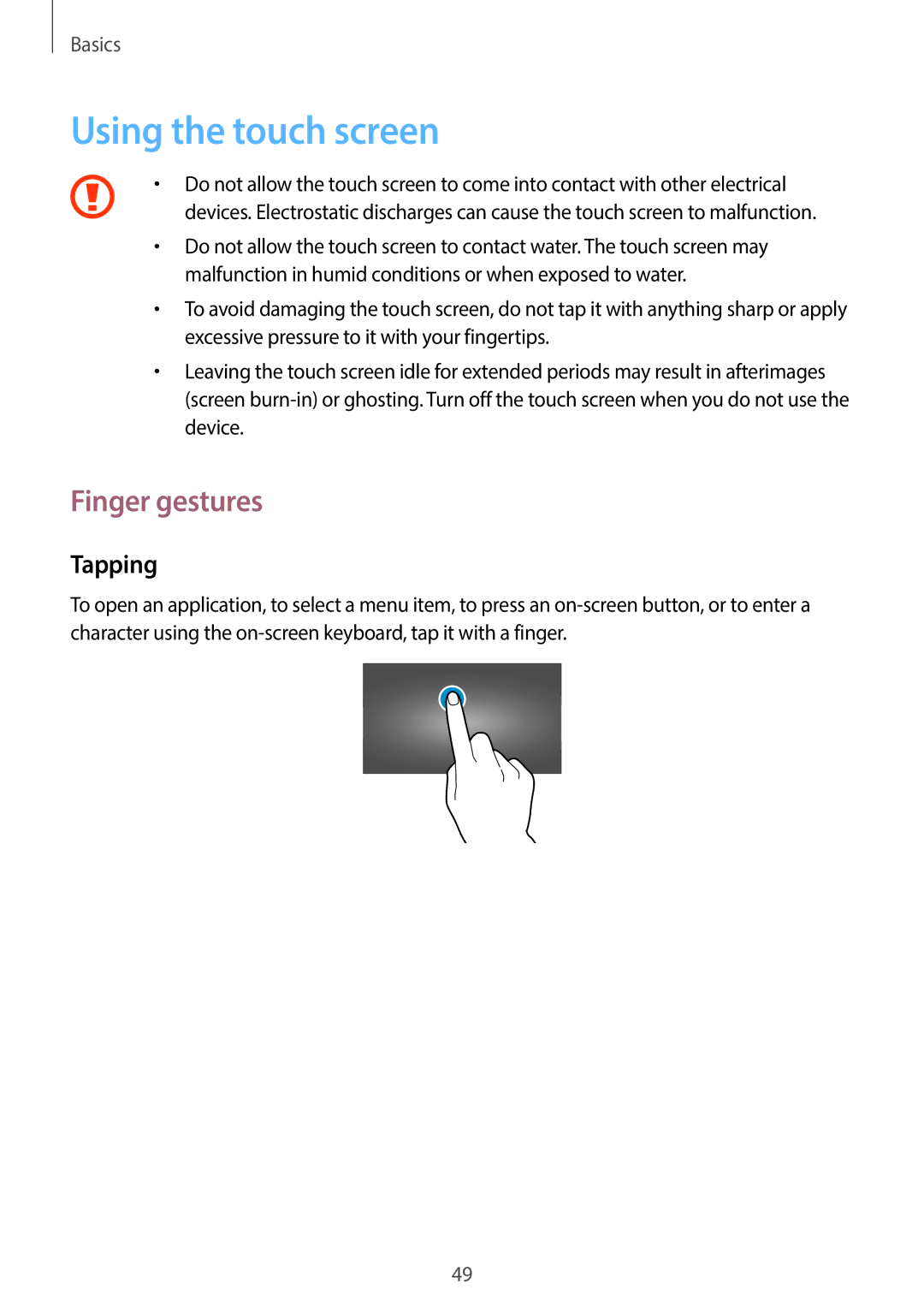 Samsung EK-GC120ZWAVZW, EK-GC120BKAVZW user manual Using the touch screen, Finger gestures, Tapping 