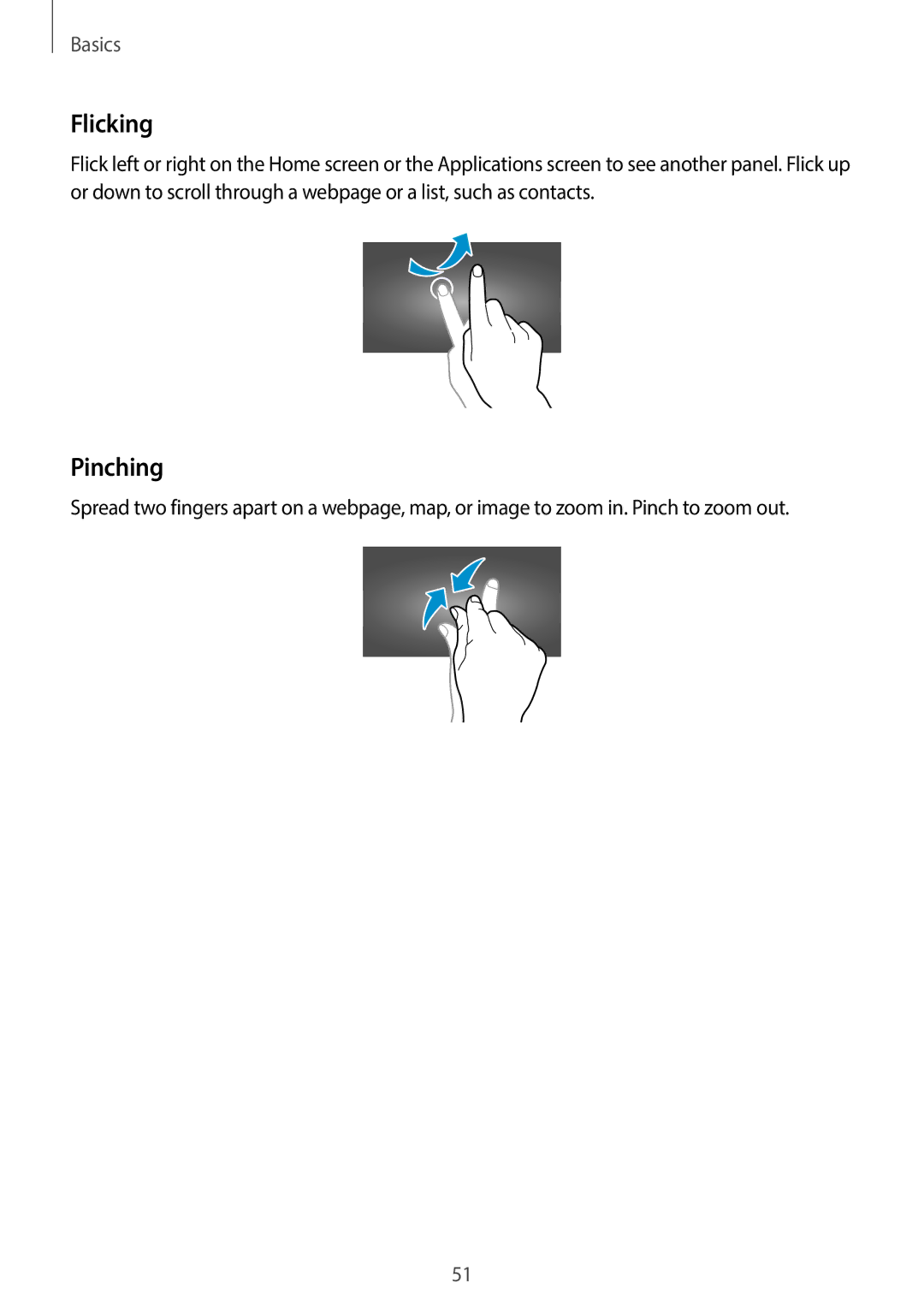 Samsung EK-GC120ZWAVZW, EK-GC120BKAVZW user manual Flicking, Pinching 