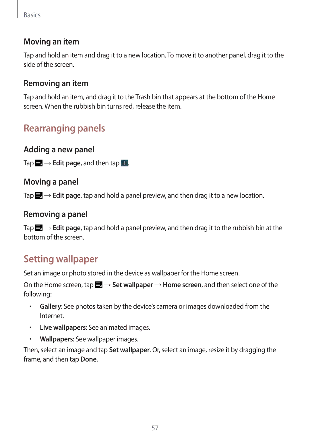 Samsung EK-GC120ZWAVZW, EK-GC120BKAVZW user manual Rearranging panels, Setting wallpaper 