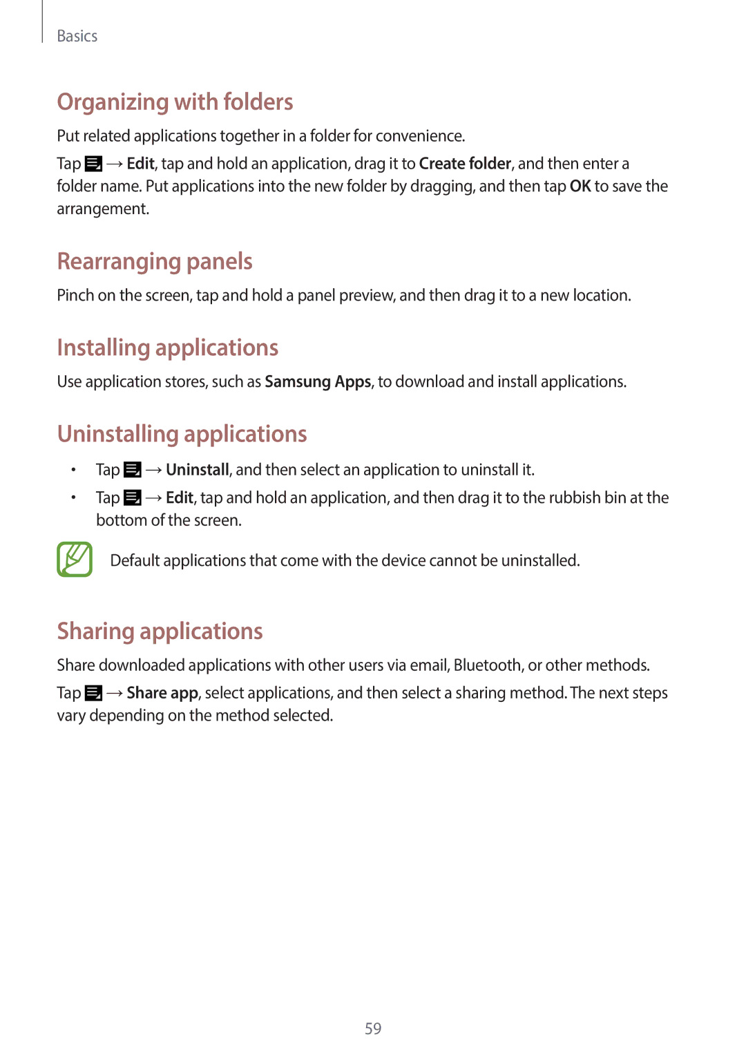 Samsung EK-GC120ZWAVZW Organizing with folders, Installing applications, Uninstalling applications, Sharing applications 