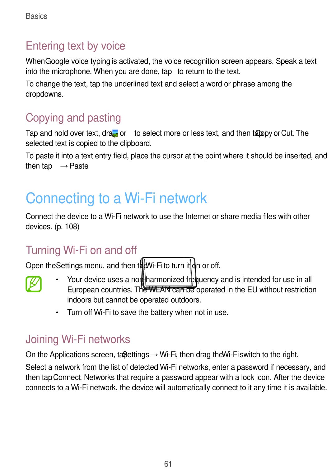 Samsung EK-GC120ZWAVZW Connecting to a Wi-Fi network, Entering text by voice, Copying and pasting, Joining Wi-Fi networks 