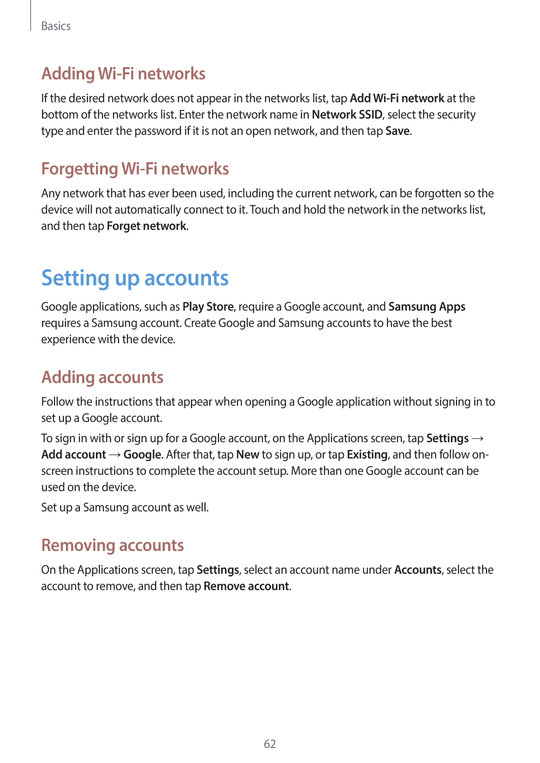 Samsung EK-GC120BKAVZW user manual Setting up accounts, Adding Wi-Fi networks, Forgetting Wi-Fi networks, Adding accounts 