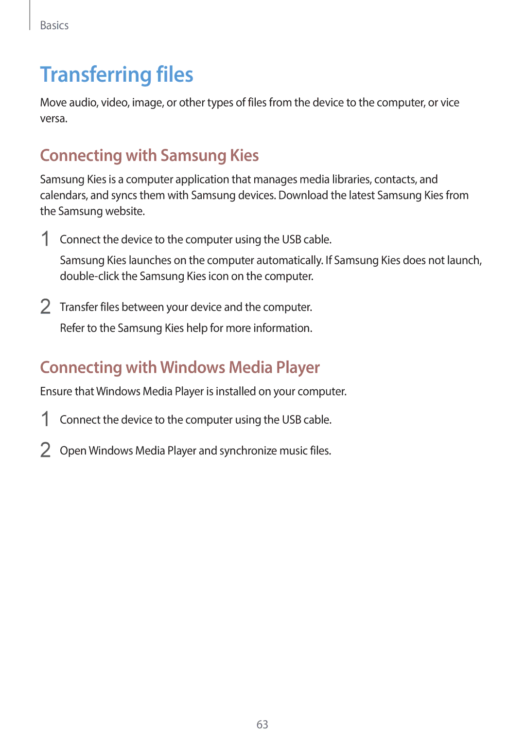 Samsung EK-GC120ZWAVZW user manual Transferring files, Connecting with Samsung Kies, Connecting with Windows Media Player 