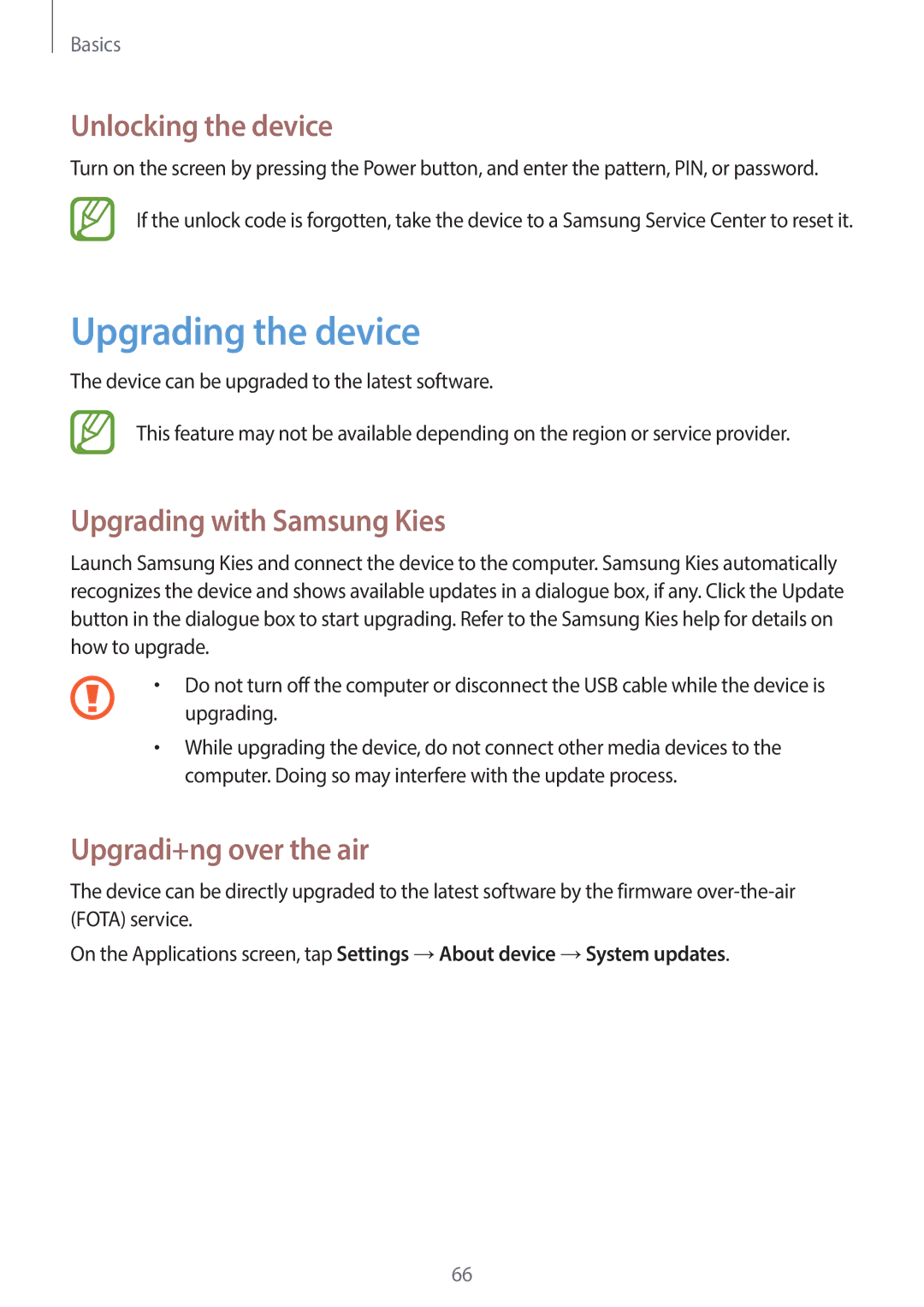 Samsung EK-GC120BKAVZW Upgrading the device, Unlocking the device, Upgrading with Samsung Kies, Upgradi+ng over the air 