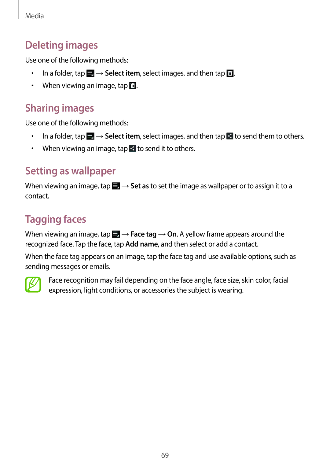 Samsung EK-GC120ZWAVZW, EK-GC120BKAVZW user manual Deleting images, Sharing images, Setting as wallpaper, Tagging faces 