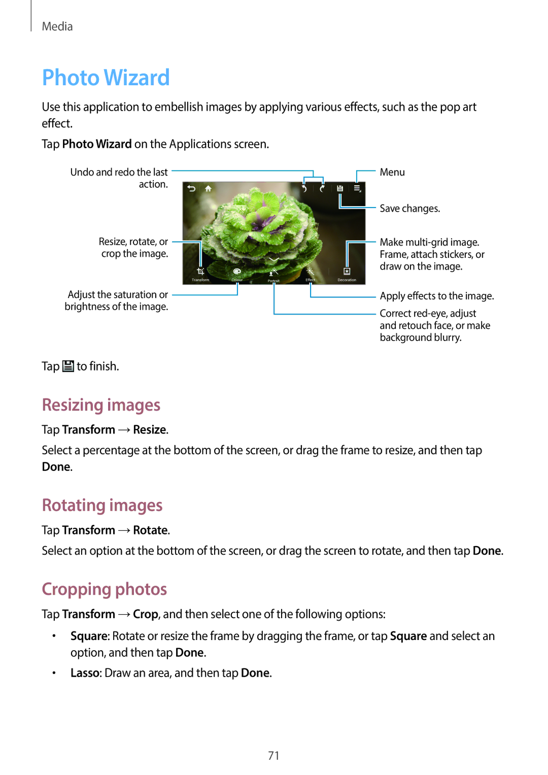 Samsung EK-GC120ZWAVZW, EK-GC120BKAVZW user manual Photo Wizard, Resizing images, Rotating images, Cropping photos 