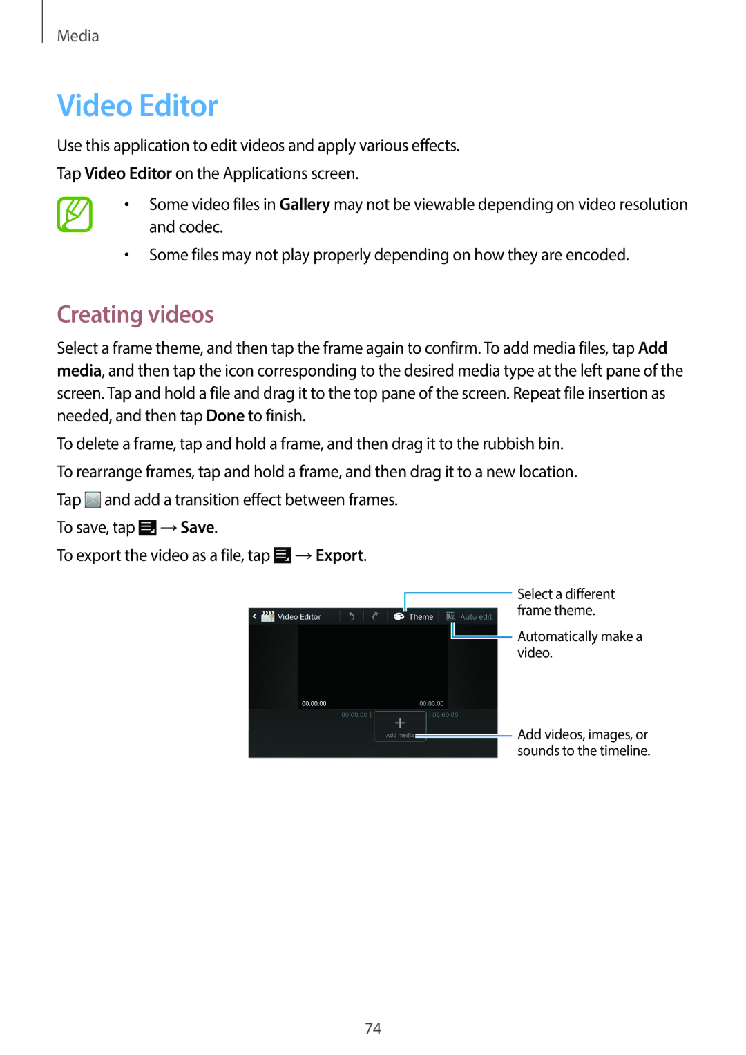 Samsung EK-GC120BKAVZW, EK-GC120ZWAVZW user manual Video Editor, Creating videos 