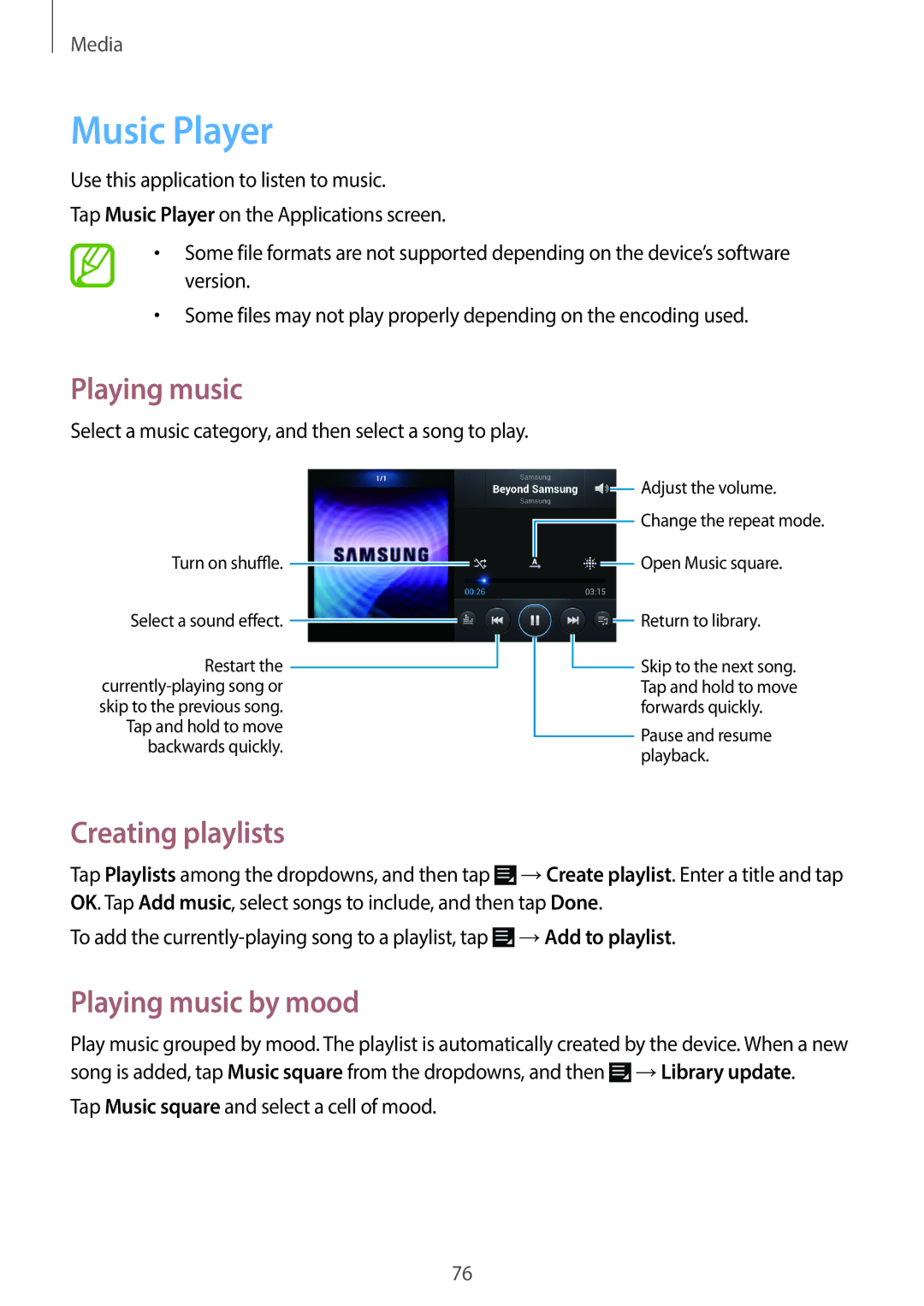 Samsung EK-GC120BKAVZW, EK-GC120ZWAVZW user manual Music Player, Creating playlists, Playing music by mood 