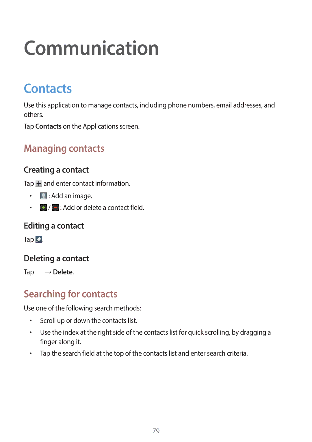 Samsung EK-GC120ZWAVZW, EK-GC120BKAVZW user manual Communication, Contacts, Managing contacts, Searching for contacts 