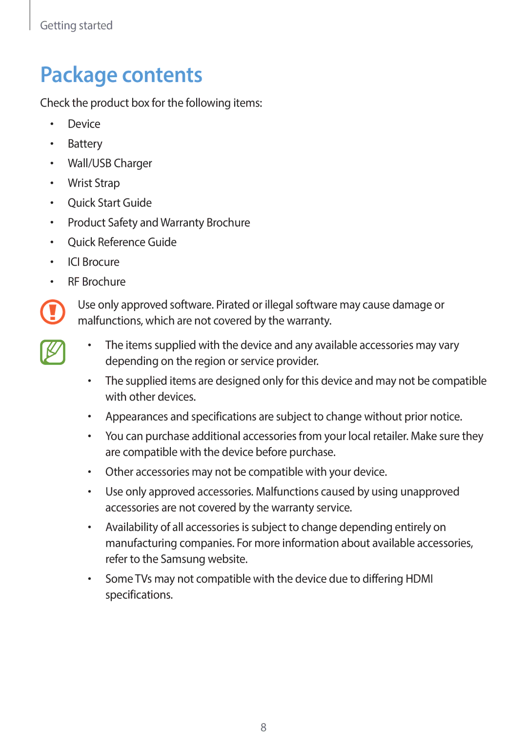 Samsung EK-GC120BKAVZW, EK-GC120ZWAVZW user manual Package contents 