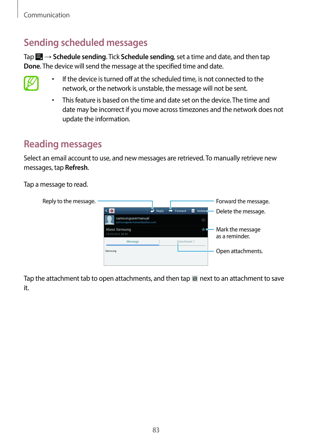 Samsung EK-GC120ZWAVZW, EK-GC120BKAVZW user manual Sending scheduled messages, Reading messages 