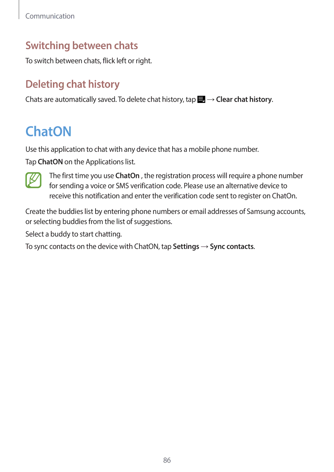 Samsung EK-GC120BKAVZW, EK-GC120ZWAVZW user manual ChatON, Switching between chats, Deleting chat history 