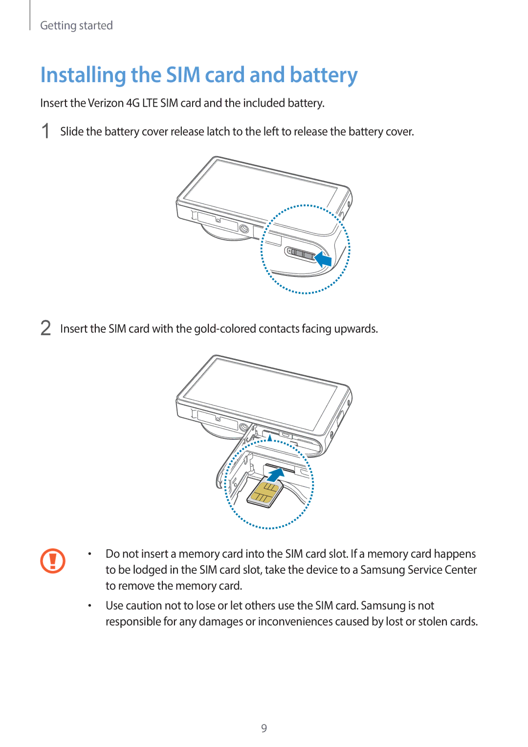 Samsung EK-GC120ZWAVZW, EK-GC120BKAVZW user manual Installing the SIM card and battery 