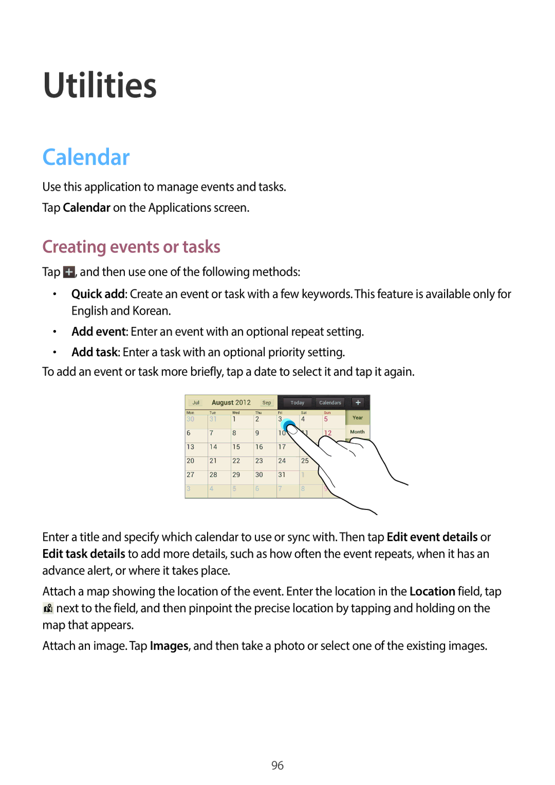 Samsung EK-GC120BKAVZW, EK-GC120ZWAVZW user manual Utilities, Calendar, Creating events or tasks 