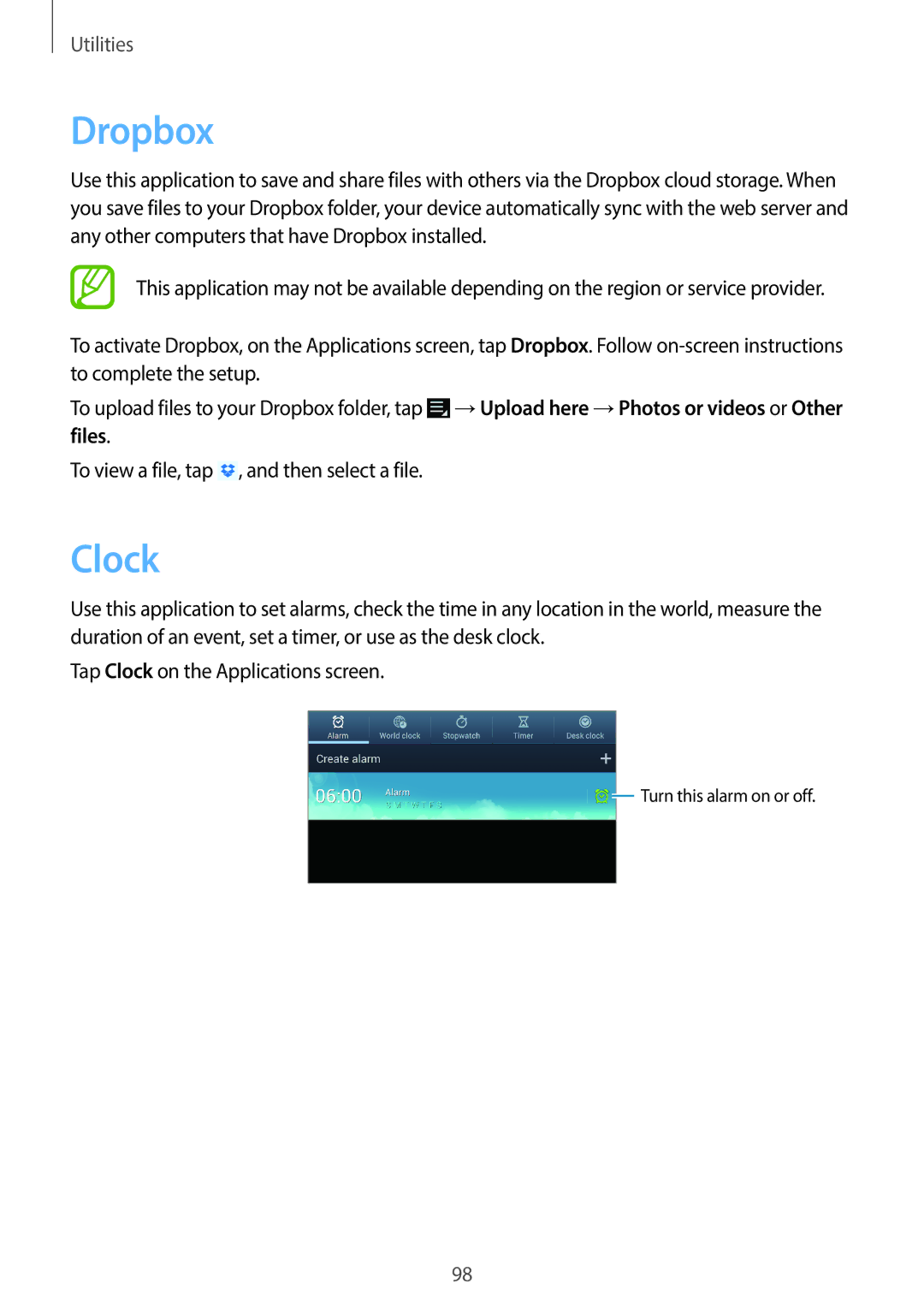 Samsung EK-GC120BKAVZW, EK-GC120ZWAVZW user manual Dropbox, Clock 