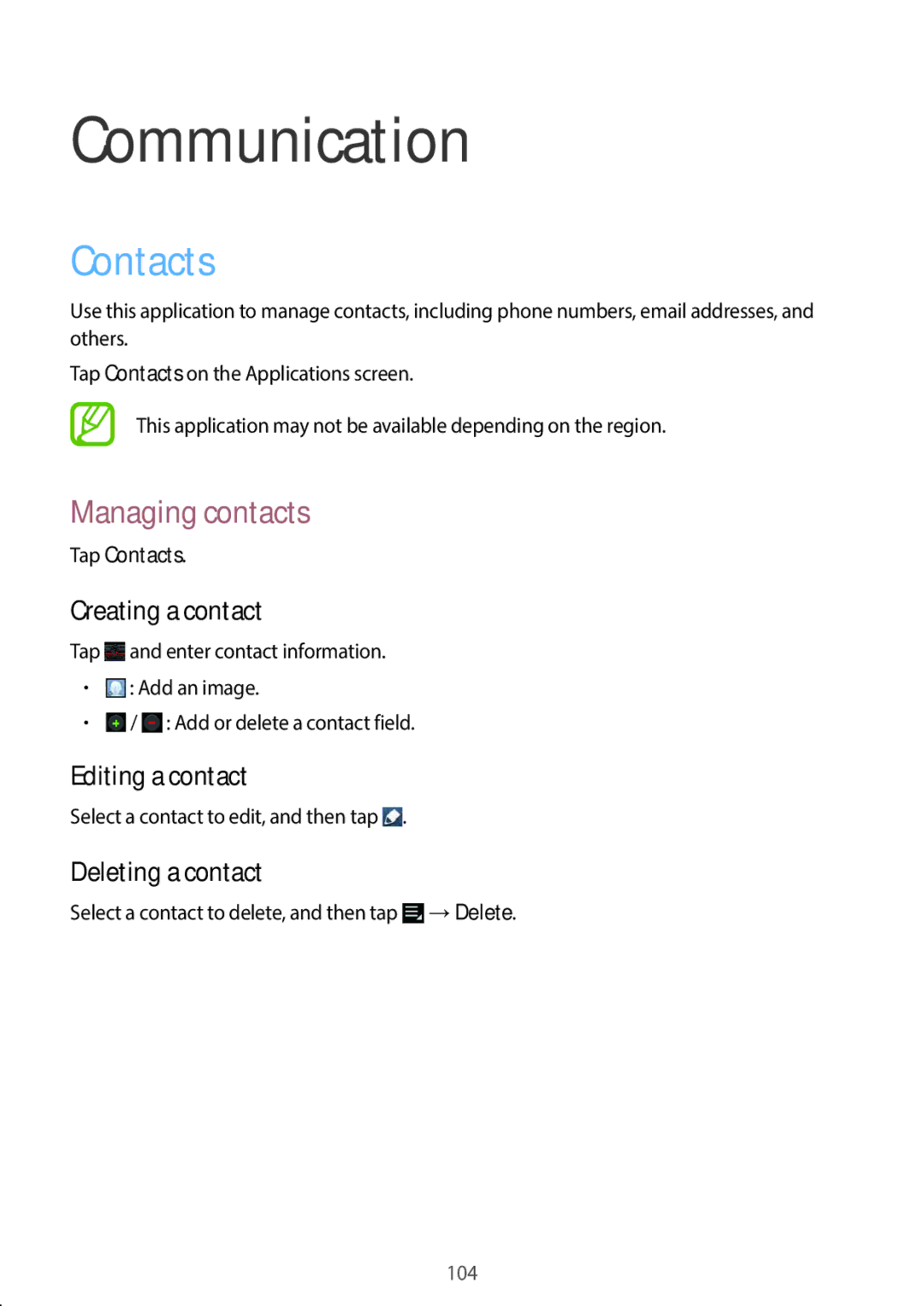 Samsung EKGC200ZKAXA, EKGC200ZWAXA user manual Communication, Contacts, Managing contacts 