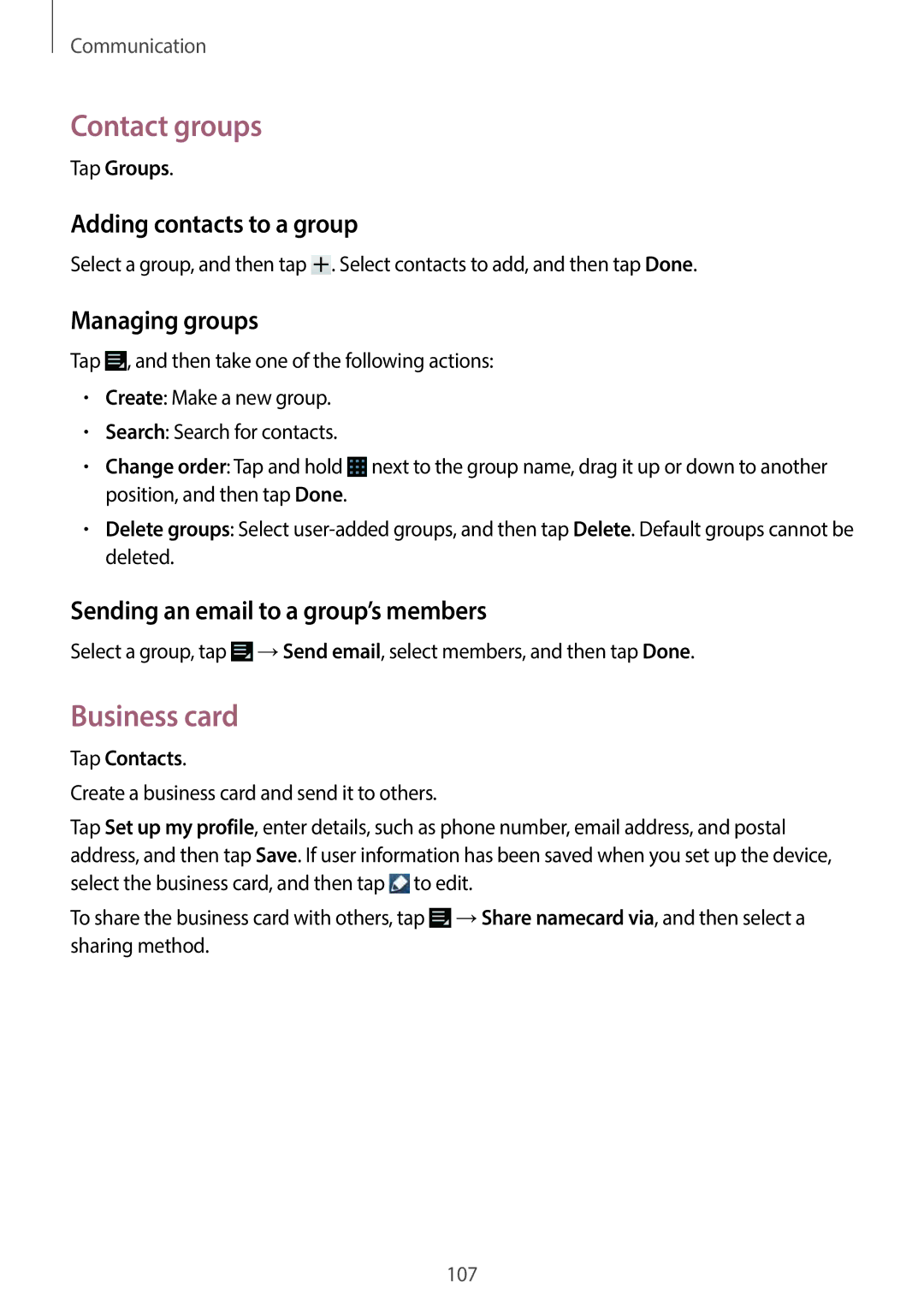 Samsung EKGC200ZWAXA, EKGC200ZKAXA user manual Contact groups, Business card, Adding contacts to a group, Managing groups 