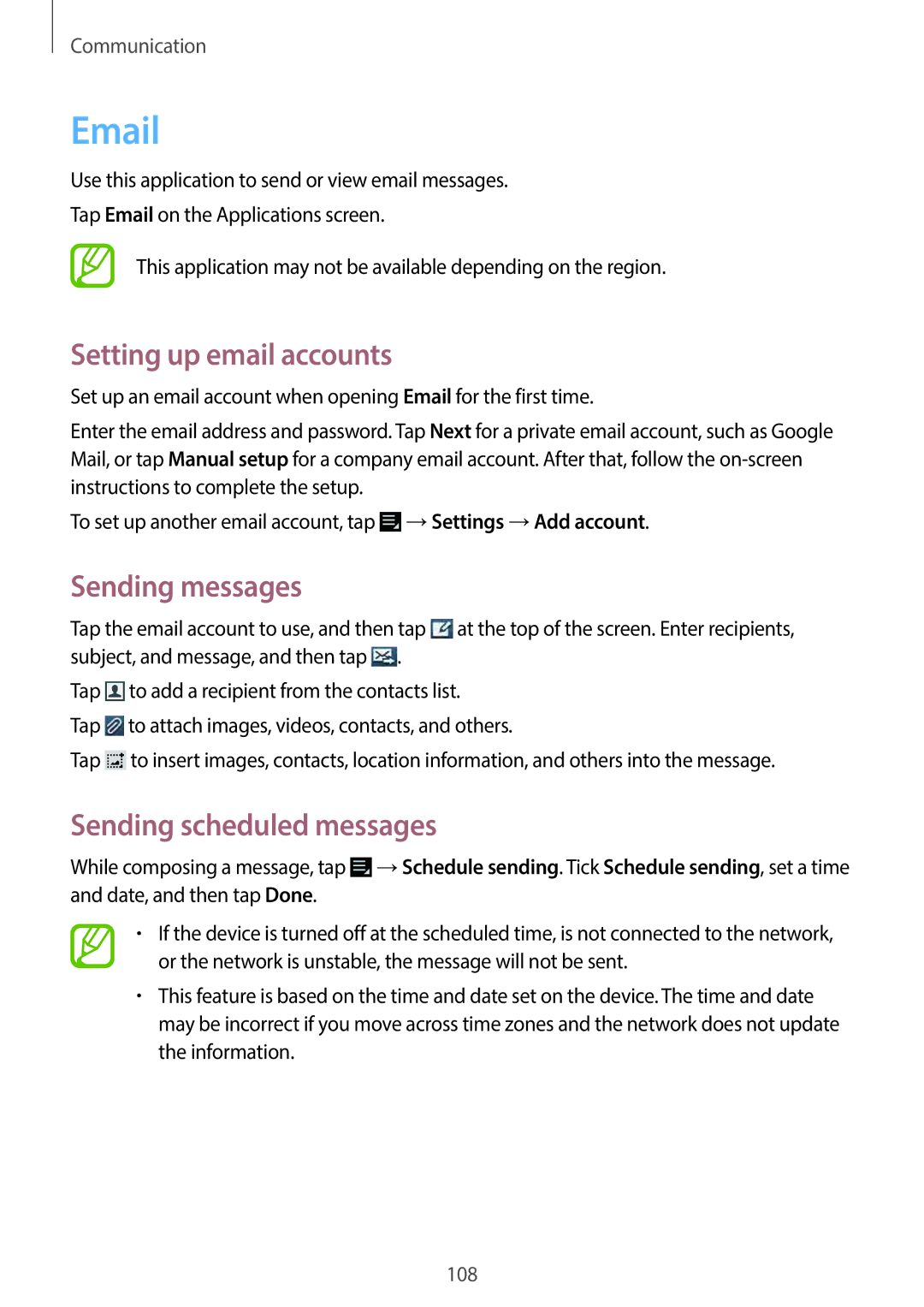 Samsung EKGC200ZKAXA, EKGC200ZWAXA user manual Setting up email accounts, Sending messages, Sending scheduled messages 