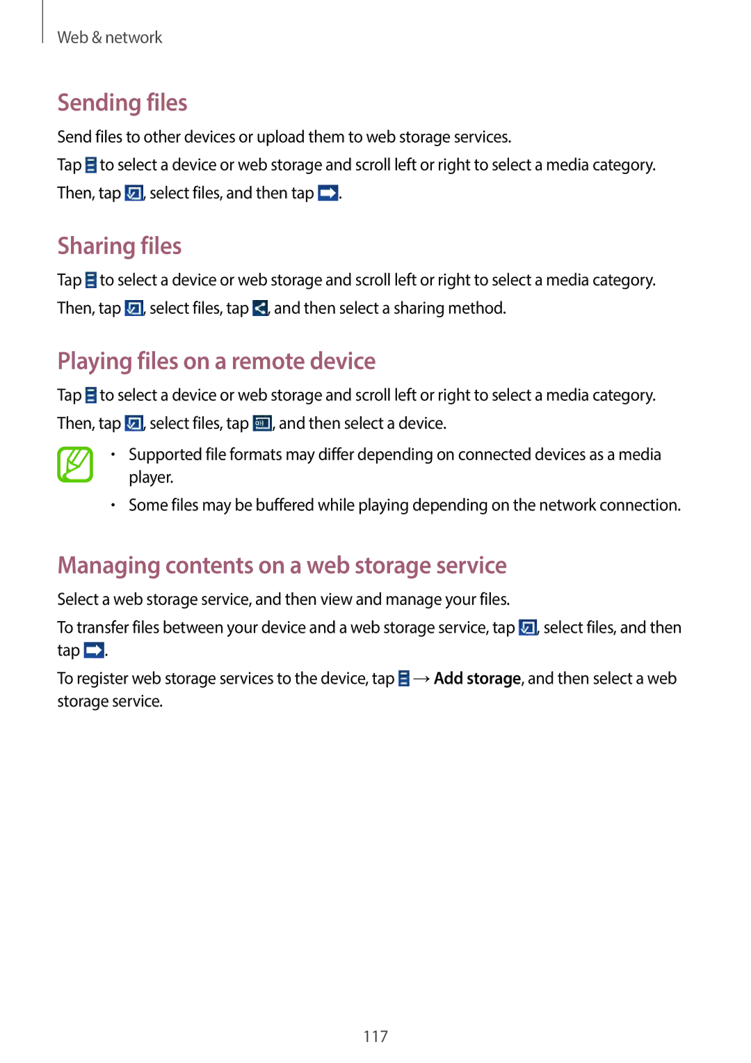 Samsung EKGC200ZWAXA Sending files, Playing files on a remote device, Managing contents on a web storage service 