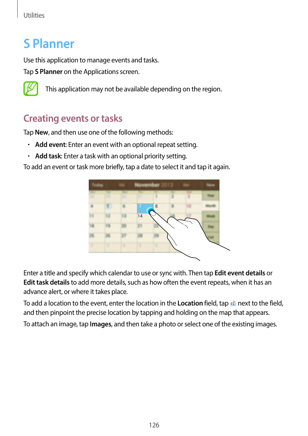 Samsung EKGC200ZKAXA, EKGC200ZWAXA user manual Planner, Creating events or tasks 