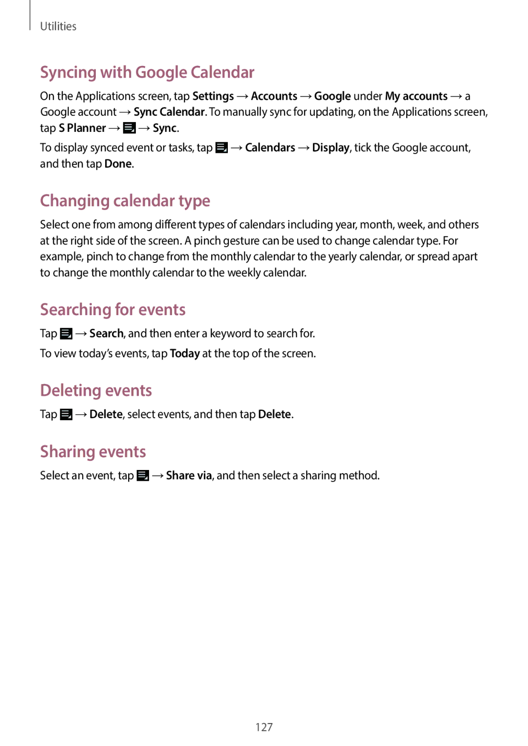 Samsung EKGC200ZWAXA Syncing with Google Calendar, Changing calendar type, Searching for events, Deleting events 