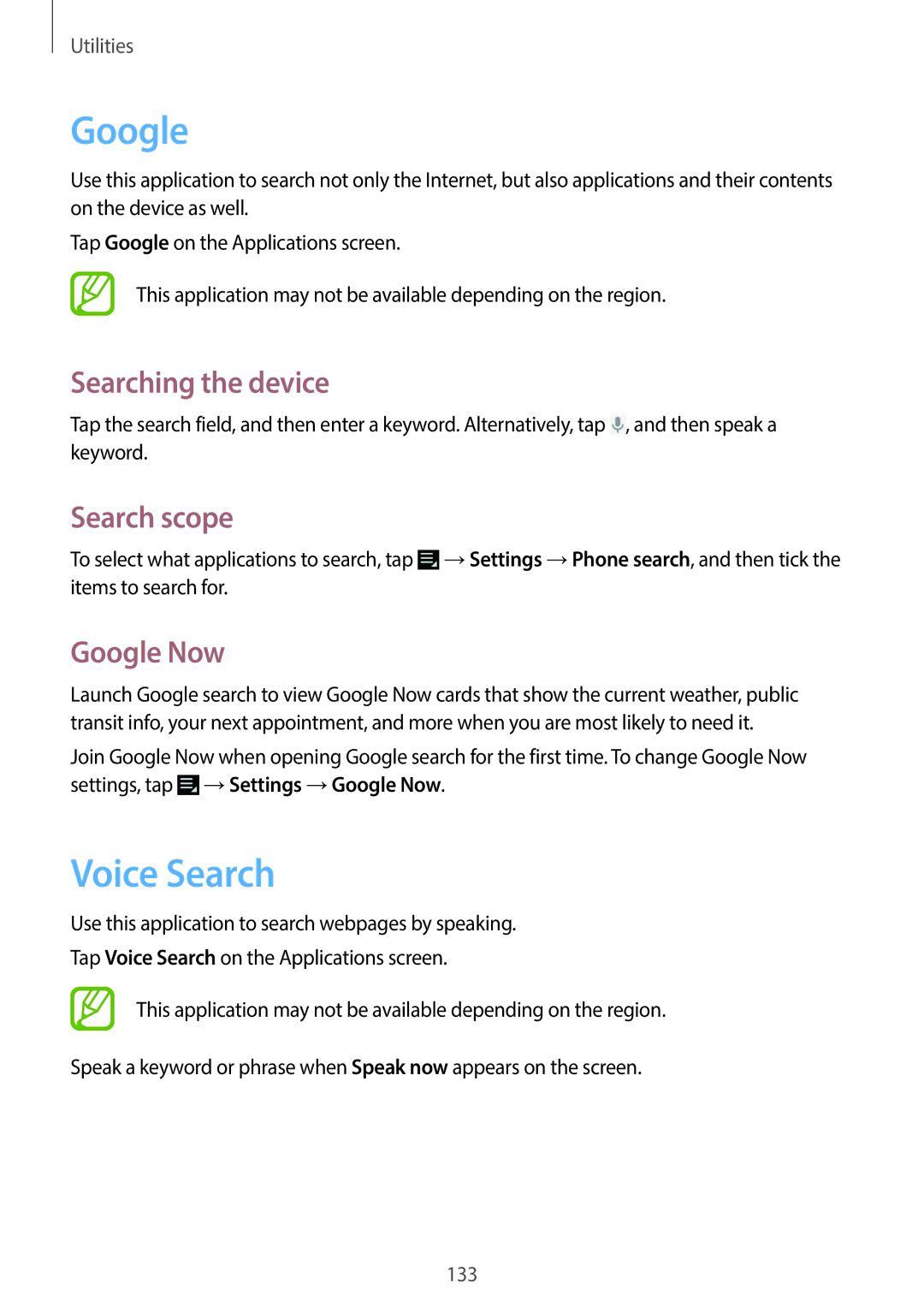 Samsung EKGC200ZWAXA, EKGC200ZKAXA user manual Voice Search, Searching the device, Search scope, Google Now 