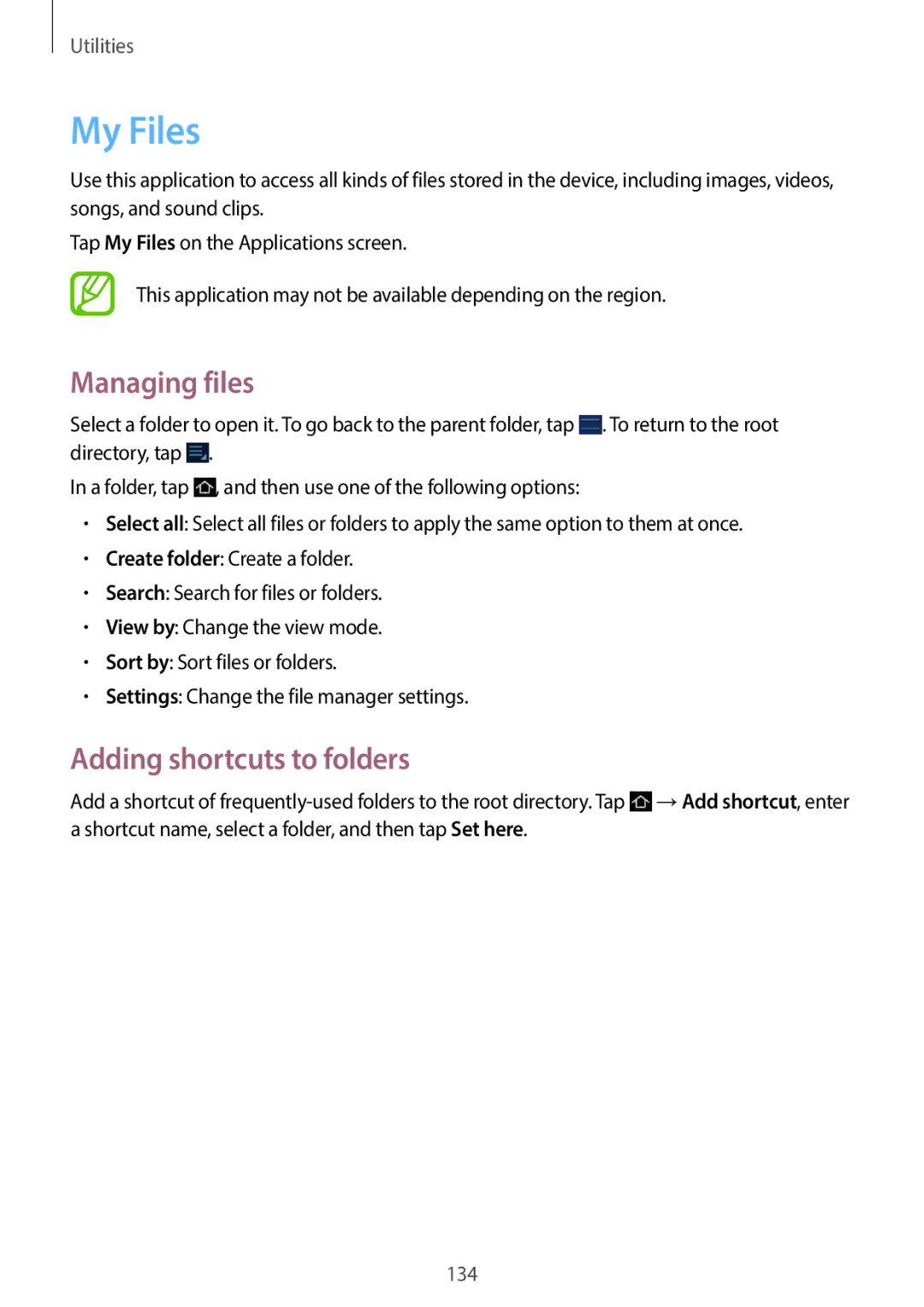 Samsung EKGC200ZKAXA, EKGC200ZWAXA user manual My Files, Managing files, Adding shortcuts to folders 