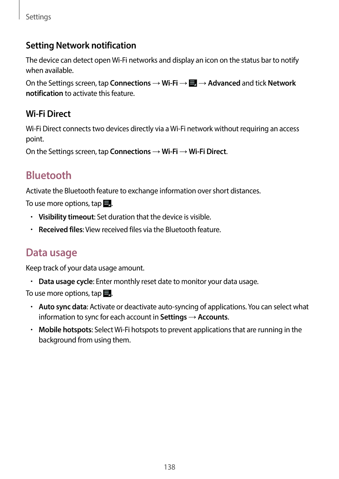 Samsung EKGC200ZKAXA, EKGC200ZWAXA user manual Bluetooth, Data usage, Setting Network notification, Wi-Fi Direct 