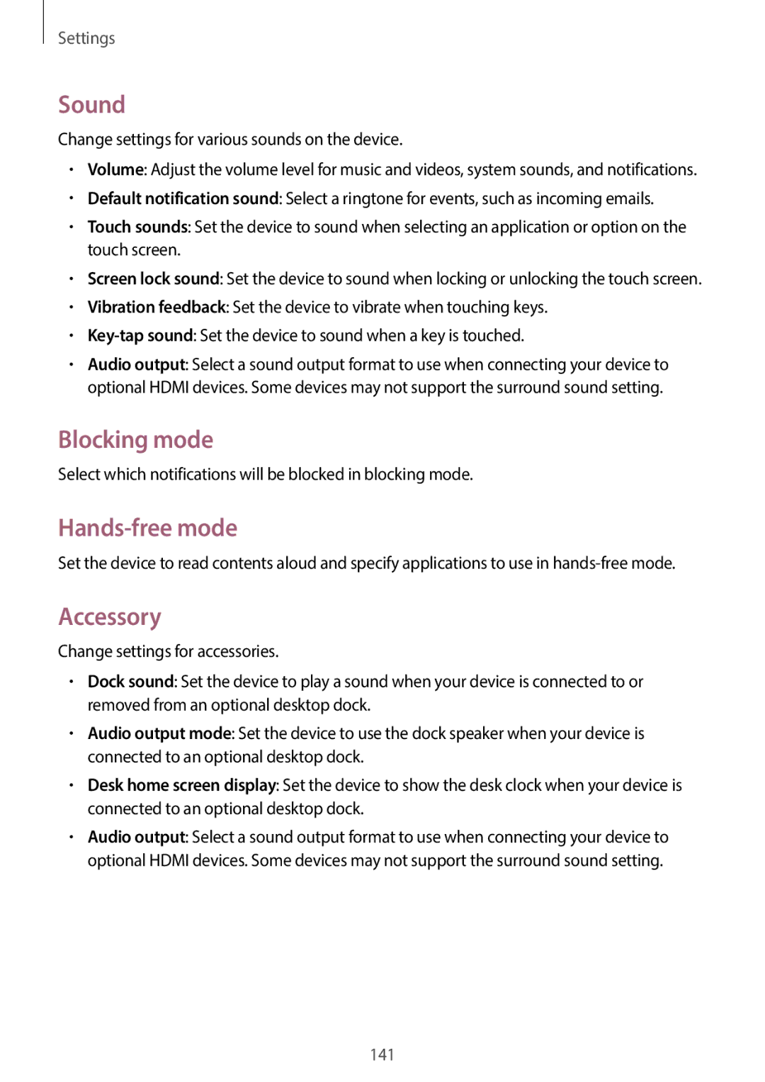 Samsung EKGC200ZWAXA, EKGC200ZKAXA user manual Sound, Blocking mode, Hands-free mode, Accessory 