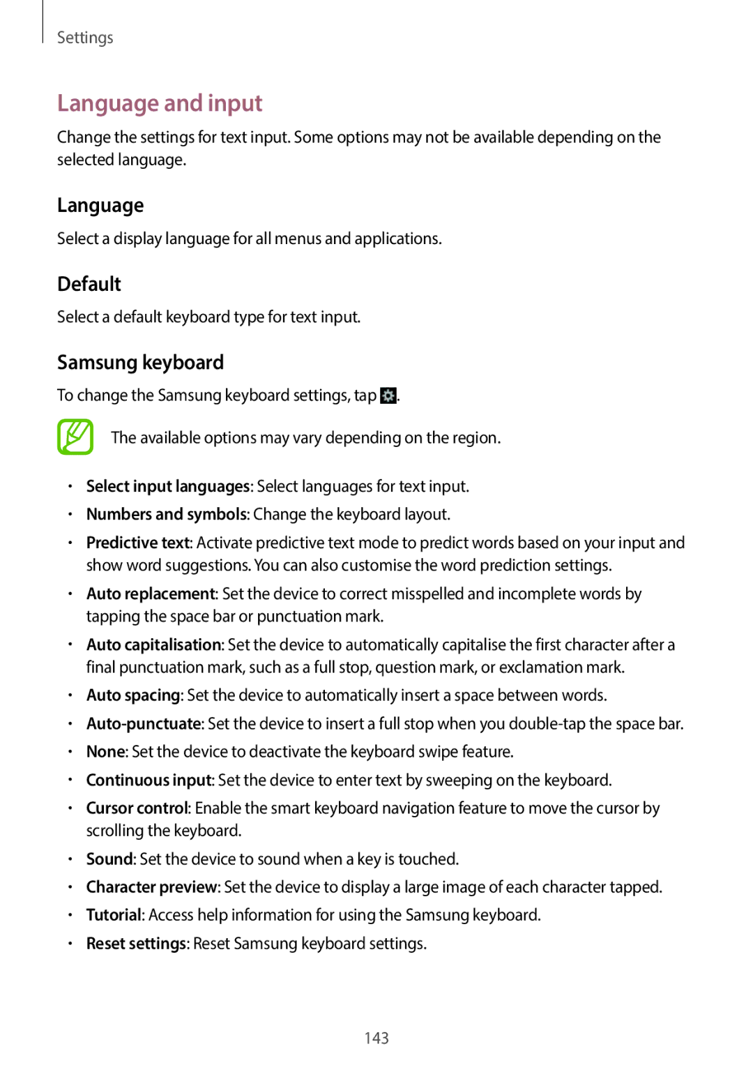 Samsung EKGC200ZWAXA, EKGC200ZKAXA user manual Language and input, Default, Samsung keyboard 