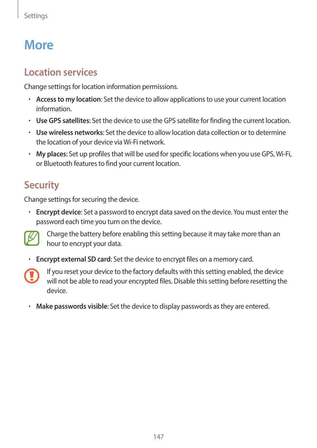 Samsung EKGC200ZWAXA, EKGC200ZKAXA user manual More, Location services, Security 