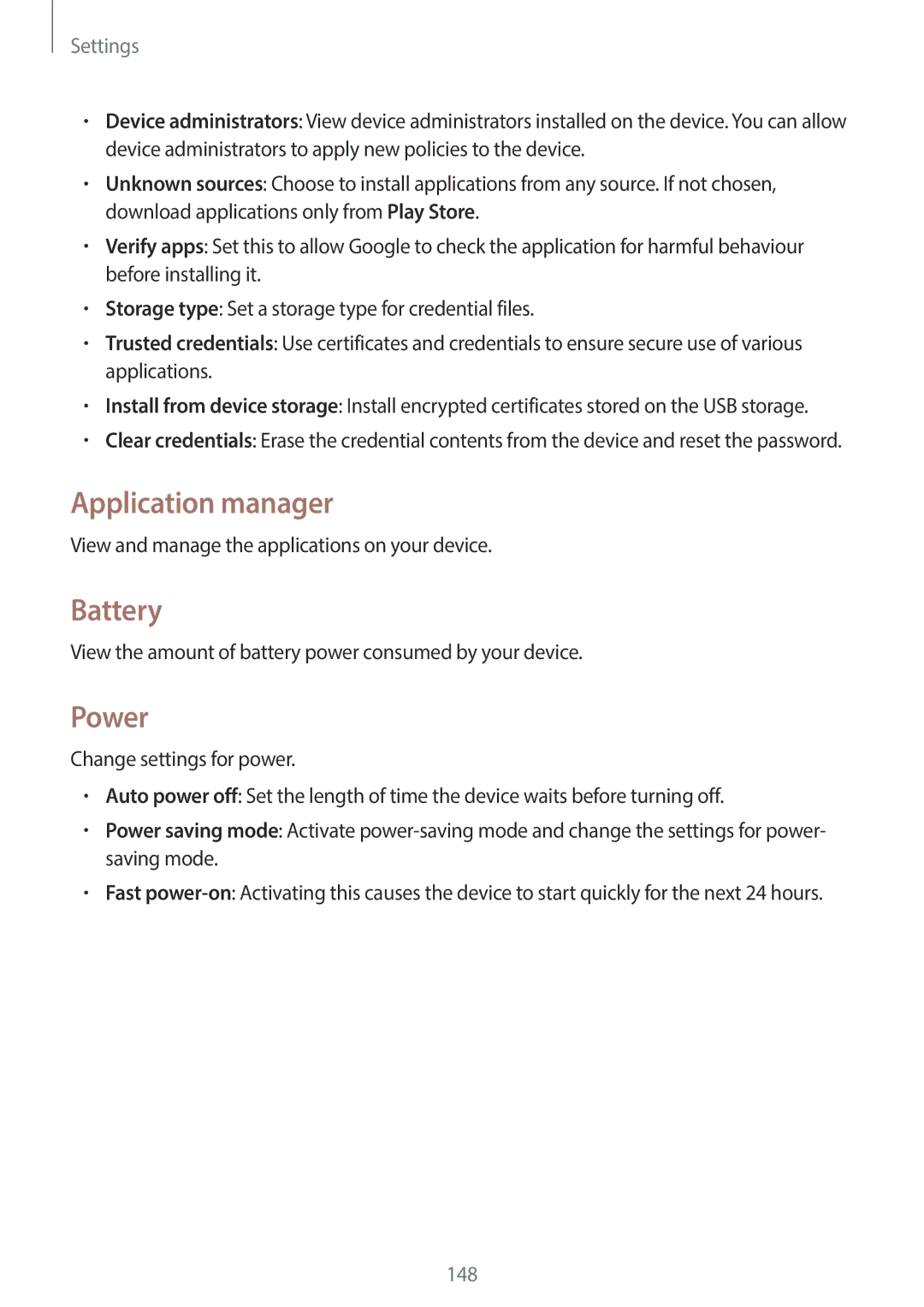 Samsung EKGC200ZKAXA, EKGC200ZWAXA user manual Application manager, Battery, Power 