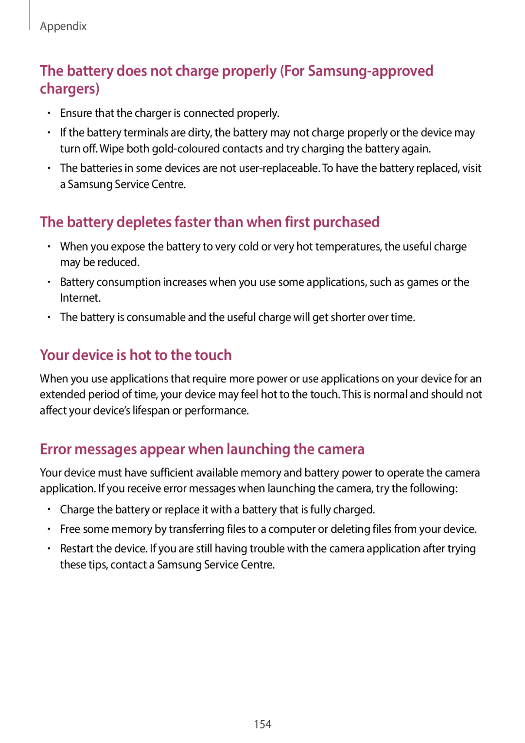 Samsung EKGC200ZKAXA, EKGC200ZWAXA user manual Battery depletes faster than when first purchased 