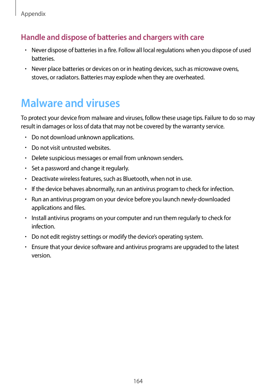 Samsung EKGC200ZKAXA, EKGC200ZWAXA user manual Malware and viruses, Handle and dispose of batteries and chargers with care 