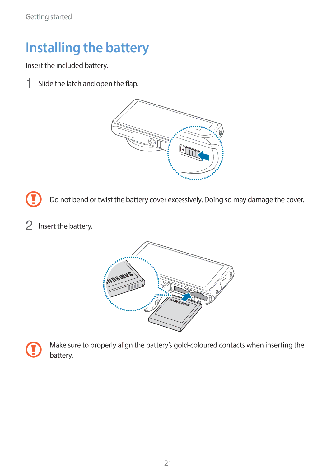 Samsung EKGC200ZWAXA, EKGC200ZKAXA user manual Installing the battery 