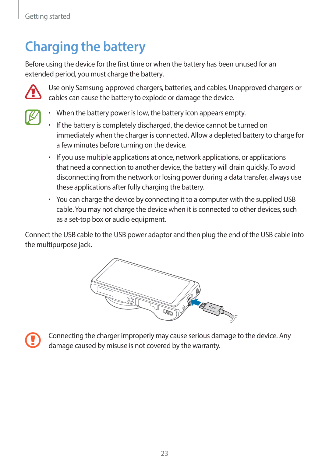 Samsung EKGC200ZWAXA, EKGC200ZKAXA user manual Charging the battery 