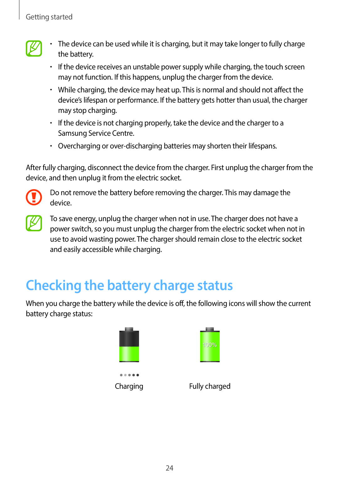 Samsung EKGC200ZKAXA, EKGC200ZWAXA user manual Checking the battery charge status 