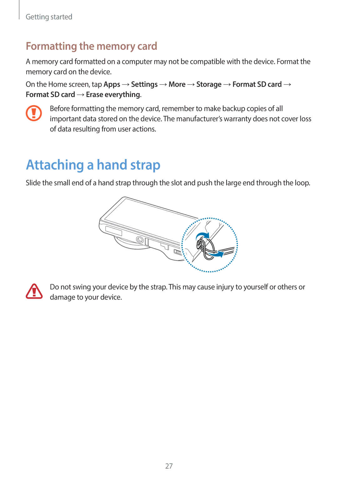 Samsung EKGC200ZWAXA, EKGC200ZKAXA user manual Attaching a hand strap, Formatting the memory card 