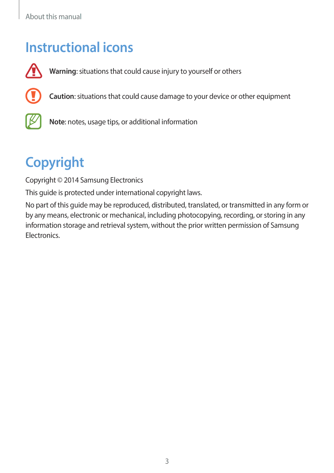 Samsung EKGC200ZWAXA, EKGC200ZKAXA user manual Instructional icons Copyright 