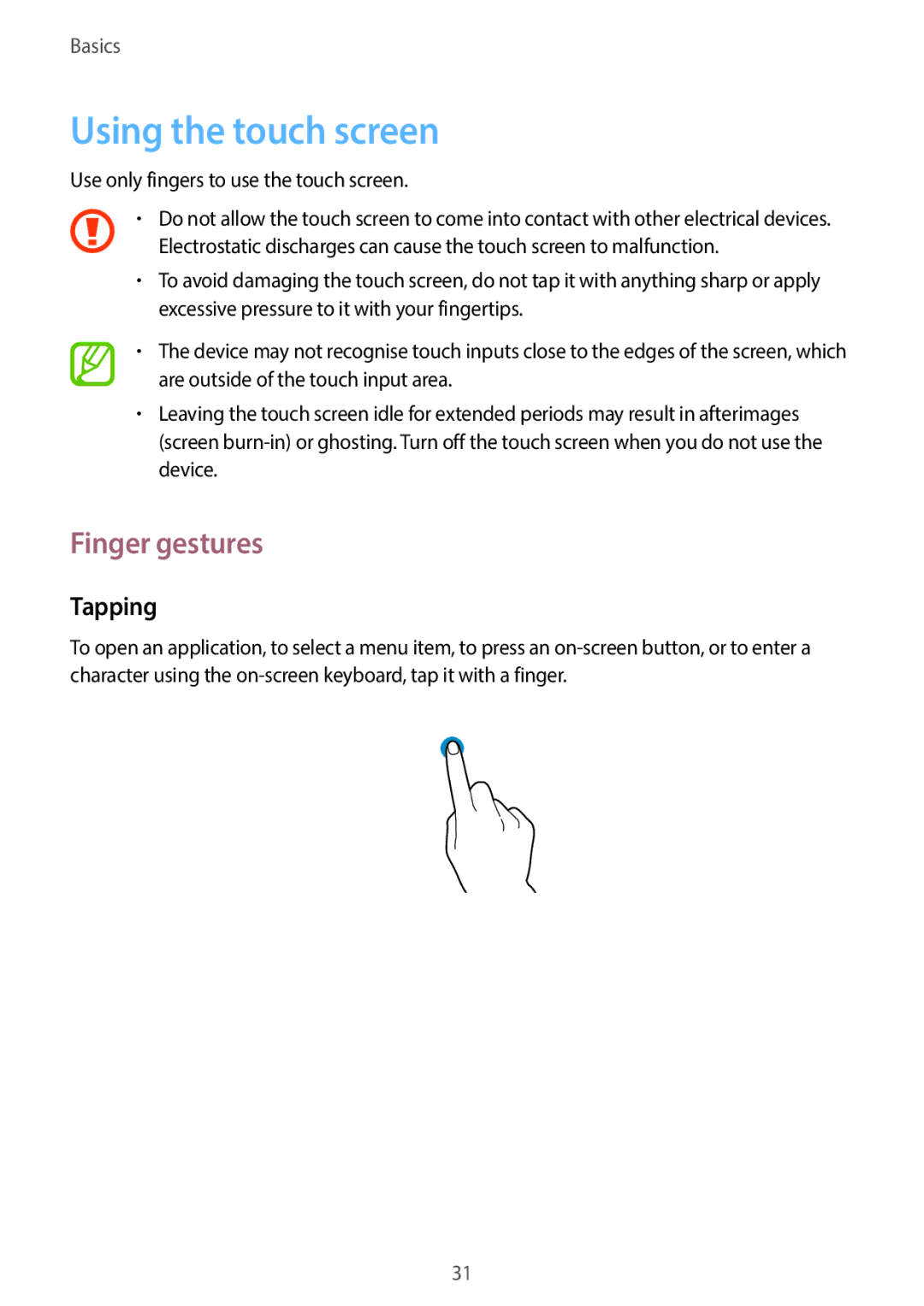 Samsung EKGC200ZWAXA, EKGC200ZKAXA user manual Using the touch screen, Finger gestures, Tapping 