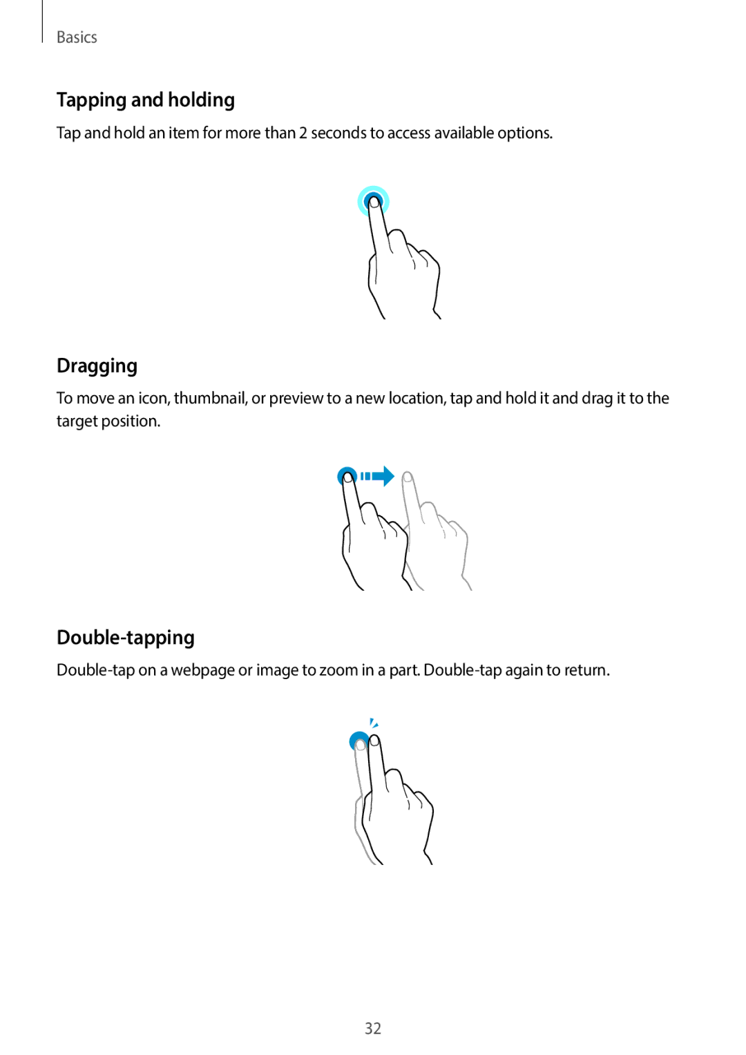 Samsung EKGC200ZKAXA, EKGC200ZWAXA user manual Tapping and holding, Dragging, Double-tapping 