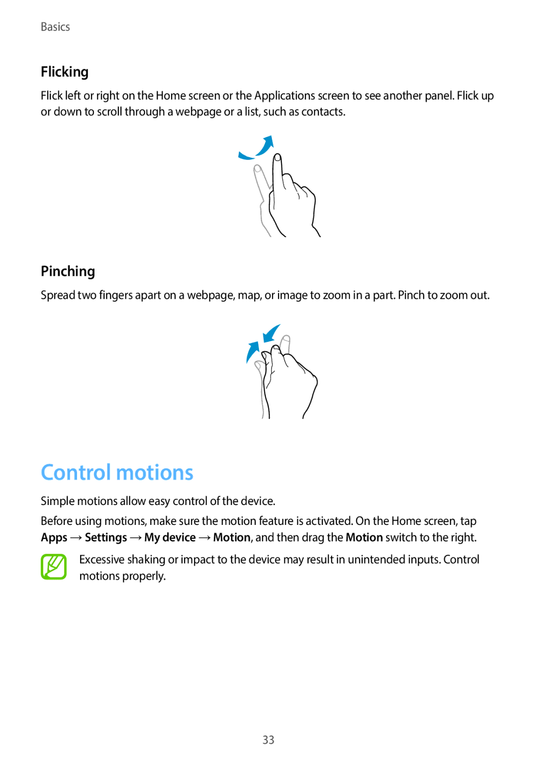 Samsung EKGC200ZWAXA, EKGC200ZKAXA user manual Control motions, Flicking, Pinching 