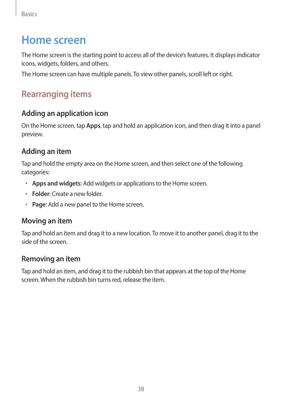 Samsung EKGC200ZKAXA, EKGC200ZWAXA user manual Home screen, Rearranging items 