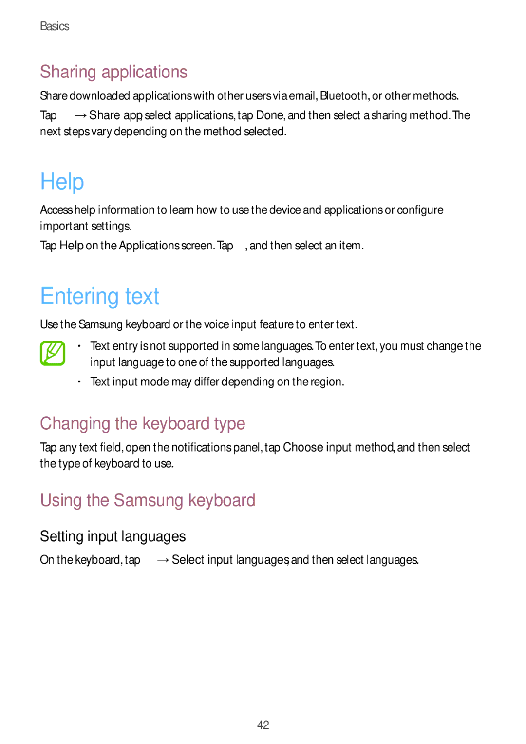 Samsung EKGC200ZKAXA Help, Entering text, Sharing applications, Changing the keyboard type, Using the Samsung keyboard 