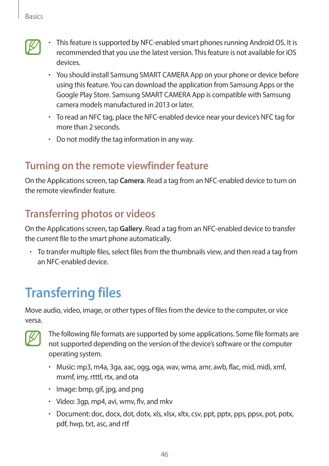 Samsung EKGC200ZKAXA Transferring files, Turning on the remote viewfinder feature, Transferring photos or videos 