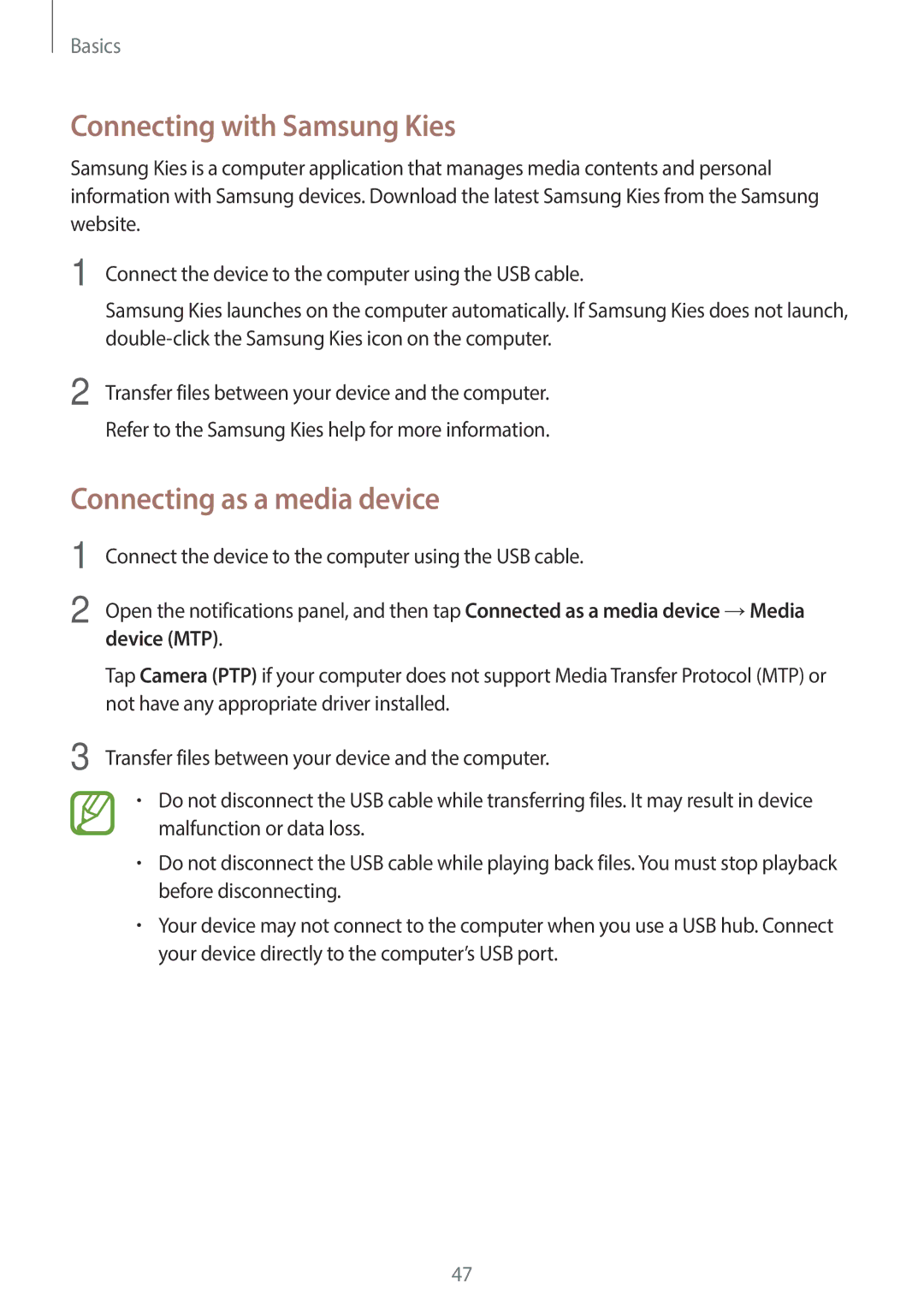 Samsung EKGC200ZWAXA, EKGC200ZKAXA user manual Connecting with Samsung Kies, Connecting as a media device, Device MTP 