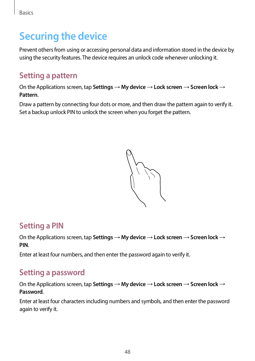 Samsung EKGC200ZKAXA, EKGC200ZWAXA user manual Securing the device, Setting a pattern, Setting a PIN, Setting a password 